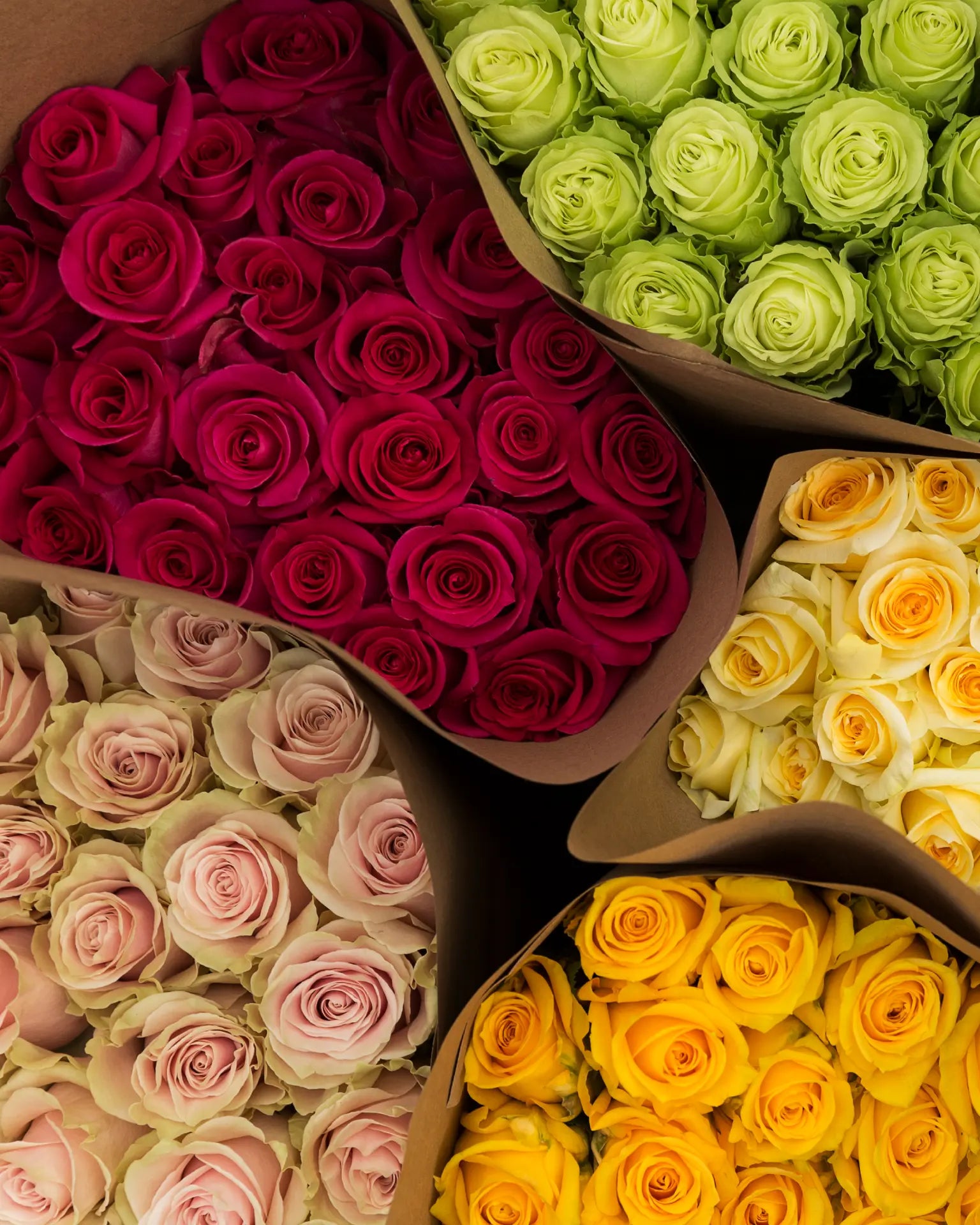 Bunches of assorted farm-choice roses wrapped in kraft paper